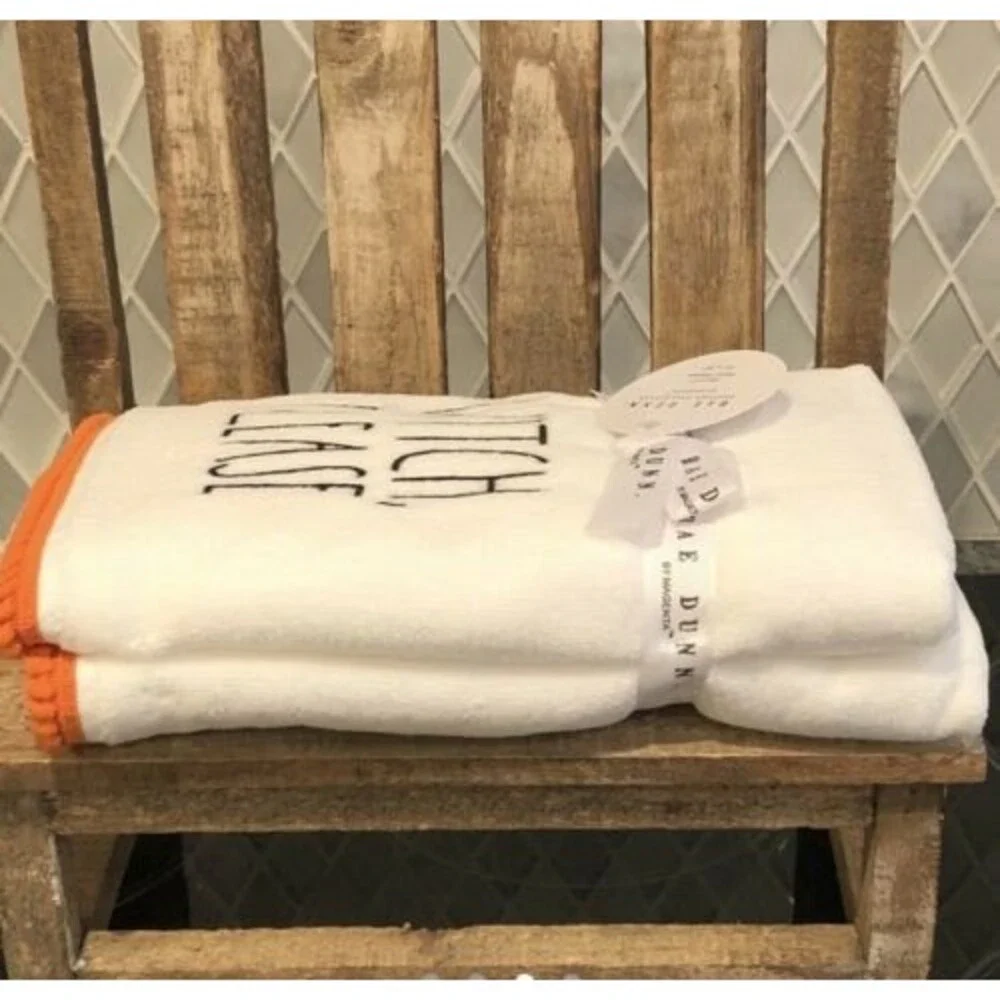 Rae Dunn Halloween WITCH PLEASE 2 Hand Towels w Black Lettering & Orange Trim